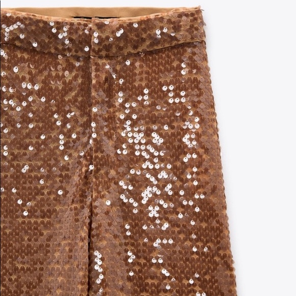 ZARA Copper Brown Sequin Pleated Wide Leg Pants - Picture 5 of 15